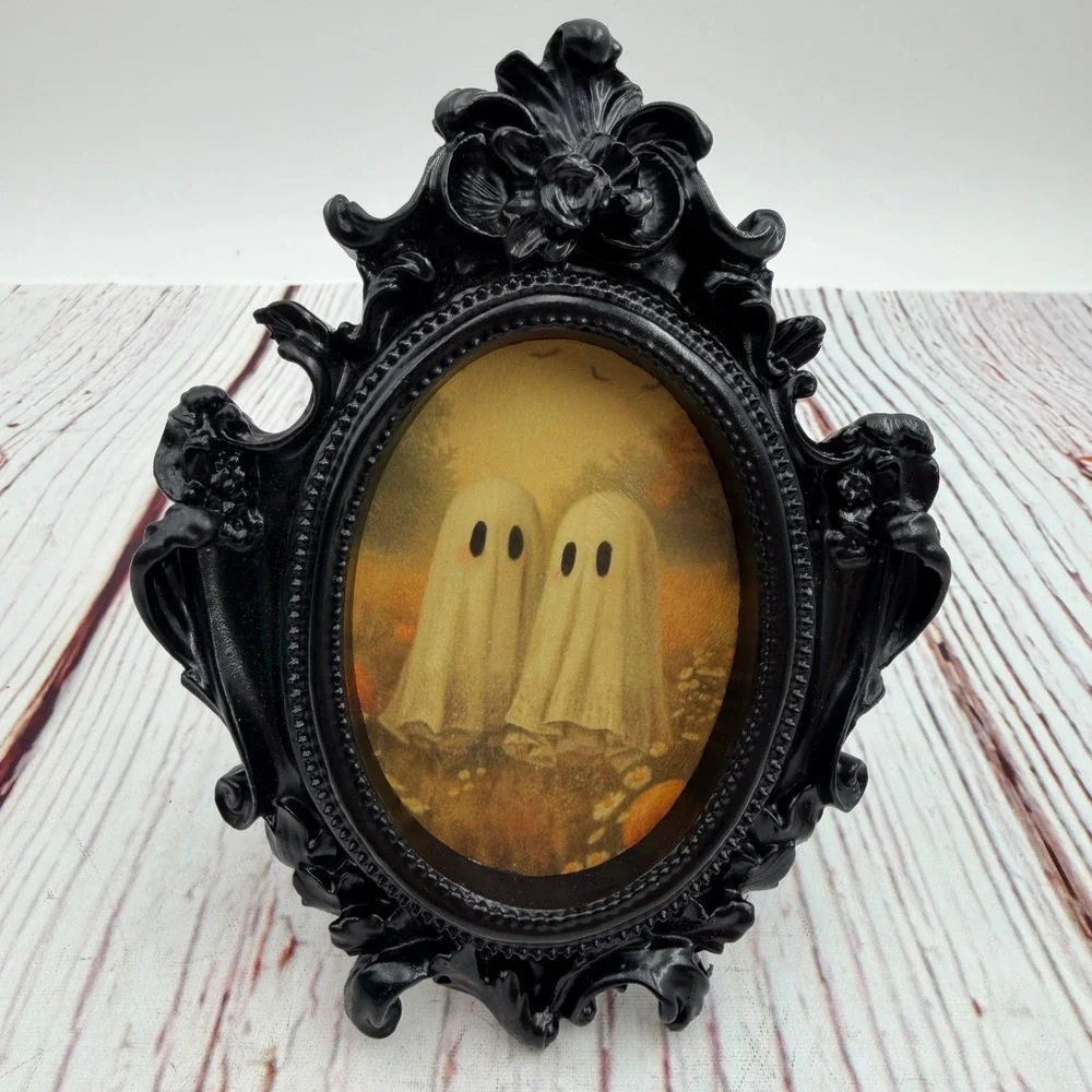 Handmade Ghost Art Print Ornate Black Resin Frame Halloween Decoupage Decor